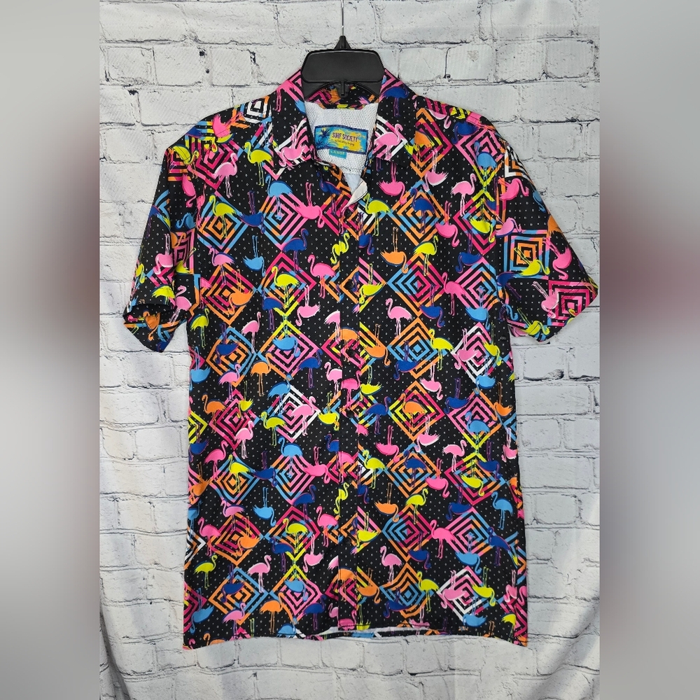 Men's Surf‎ Society Multicolor Geometric 80's Print Button Down Shirt Large